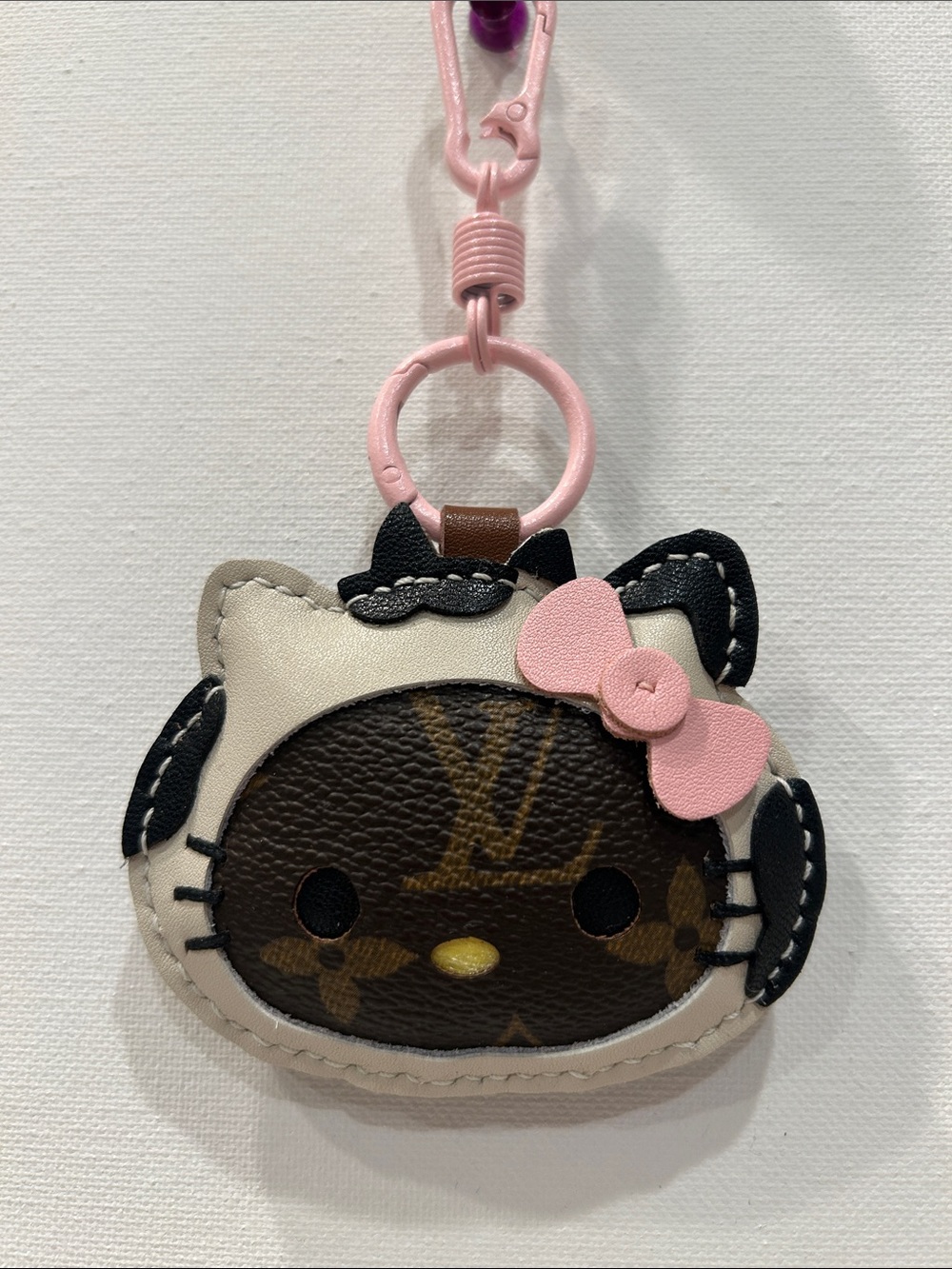 Upcycled LV Monogram Hello Kitty Bag Charm Keychain New Cow Costume Pink Bow
